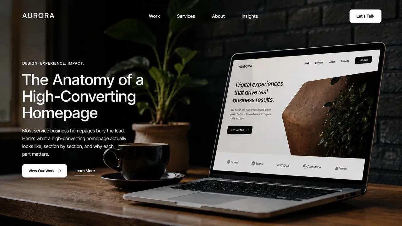 Homepage wireframe layout showing the key sections of a high-converting service business website