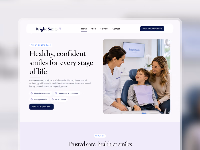Bright Smile Dental website homepage shown on a laptop screen