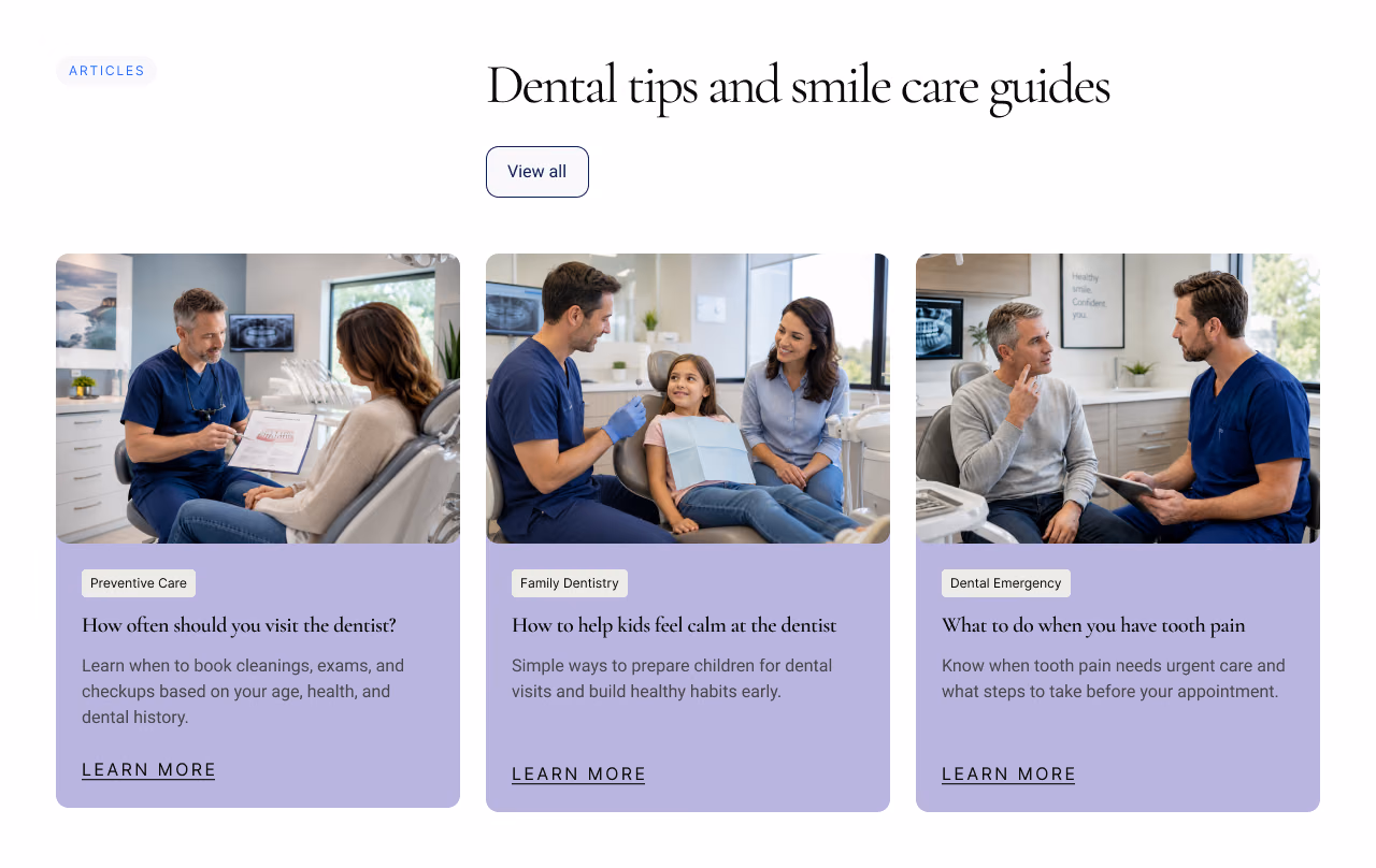 Bright Smile Dental articles and appointment CTA section