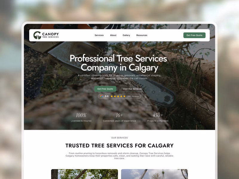 Canopy Tree Services website homepage shown on a laptop screen