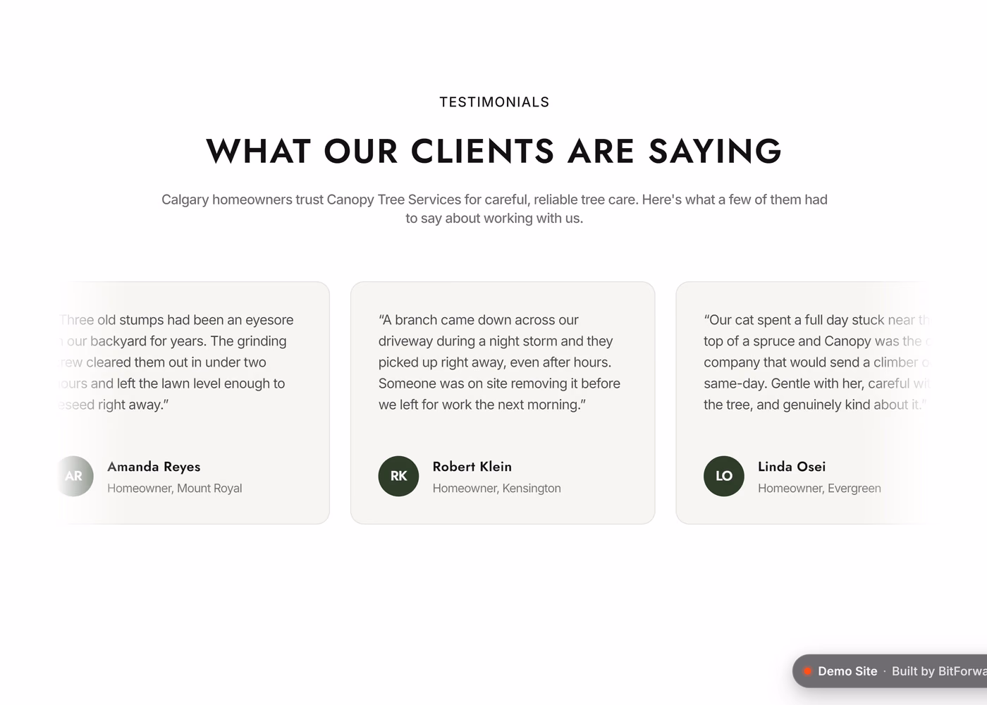 Canopy Tree Services testimonials and contact section