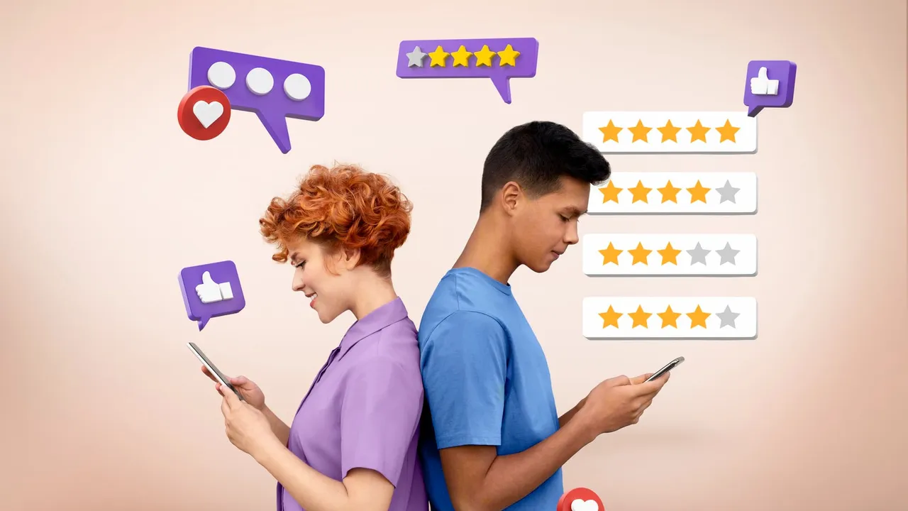Medium shot two young people looking at the phone and leaving reviews
