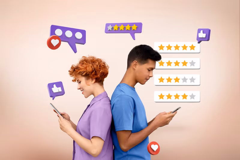 Medium shot two young people looking at the phone and leaving reviews