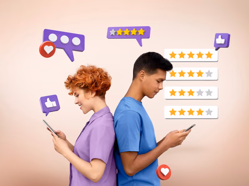 Medium shot two young people looking at the phone and leaving reviews