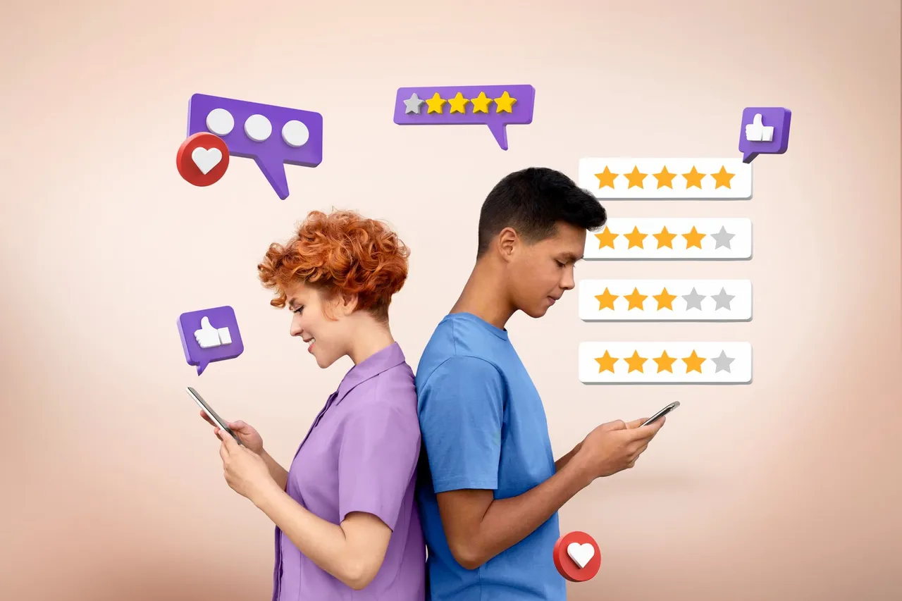 Medium shot two young people looking at the phone and leaving reviews