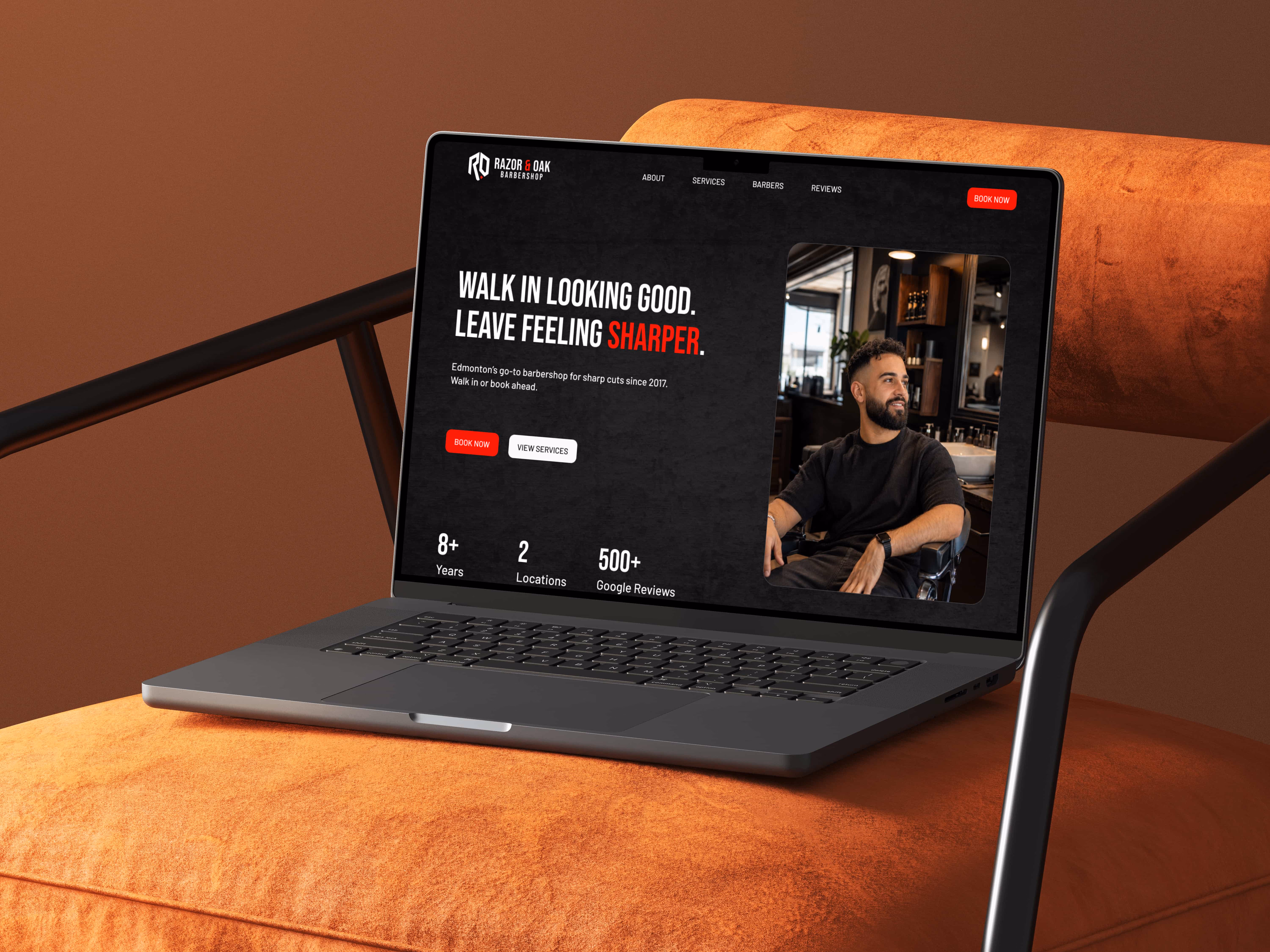 Razor & Oak Barbershop, barbershop website design by BitForward, shown on a MacBook
