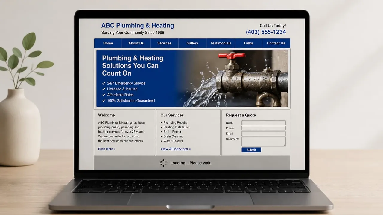 An outdated service business website displayed on a laptop, showing slow load time and unclear navigation
