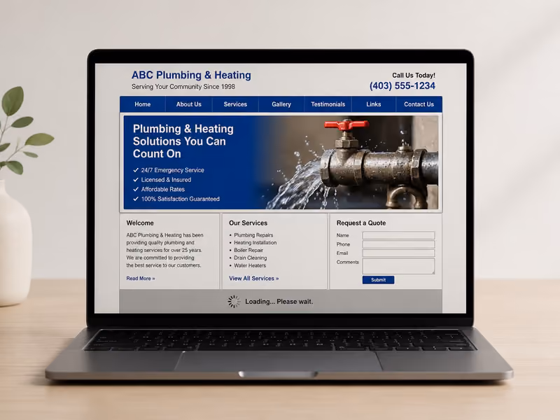 An outdated service business website displayed on a laptop, showing slow load time and unclear navigation