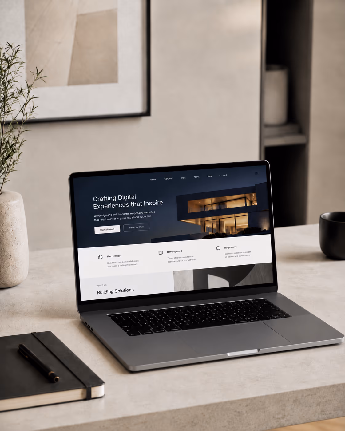 Laptop mockup showing a custom web design and development project for a service business