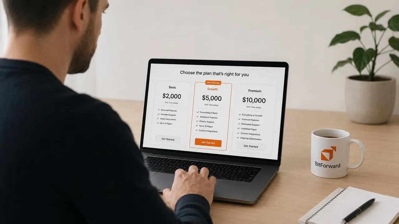 A Canadian service business owner reviewing website pricing options on a laptop