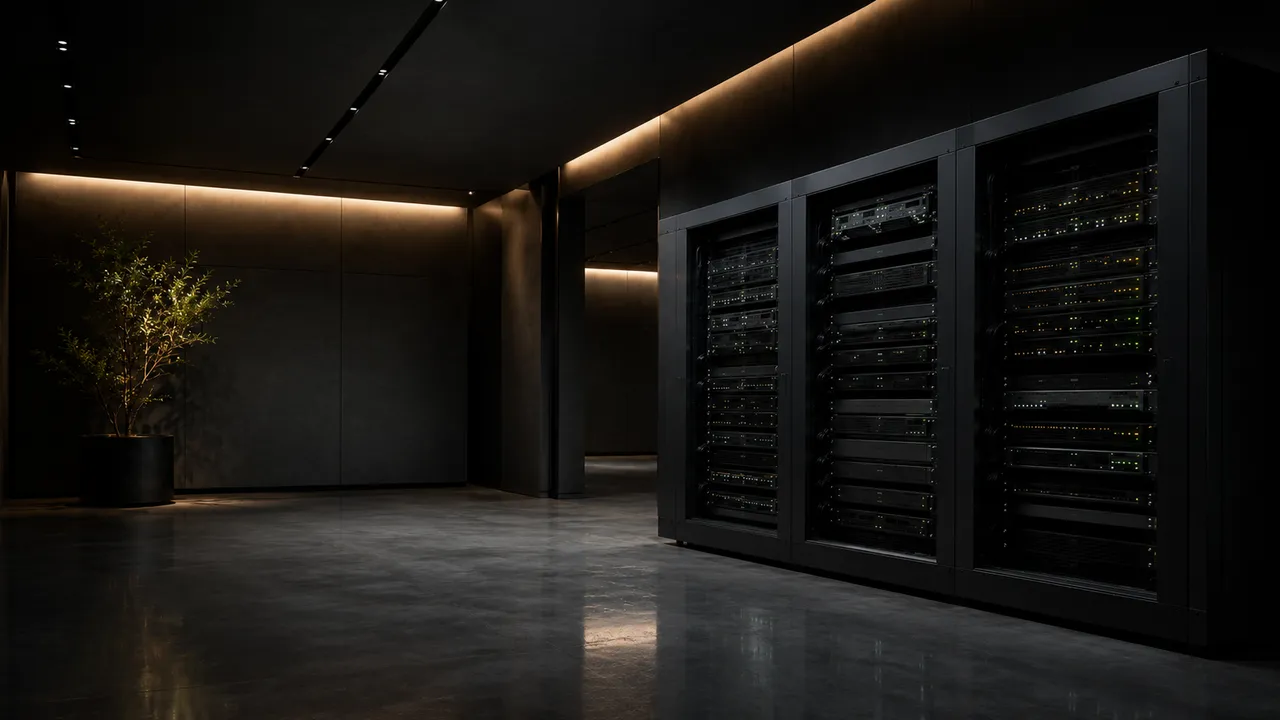 Server rack in a clean data center representing website hosting and maintenance infrastructure