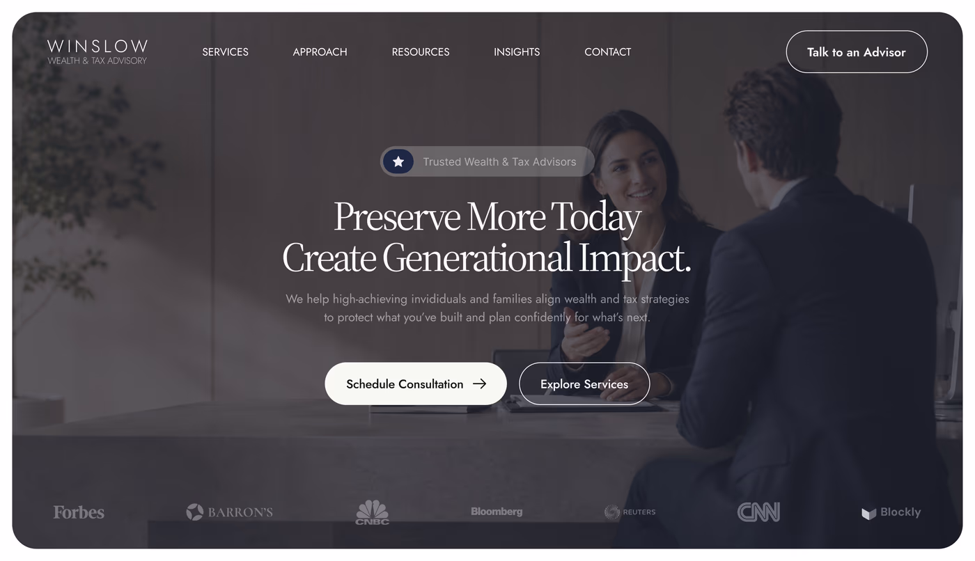 Winslow Wealth Advisory homepage hero section